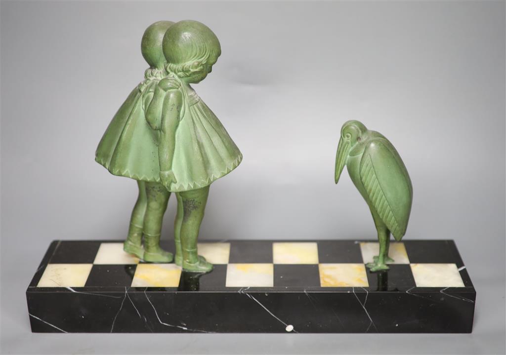 After Dimitre Chiparus (1889-1947), green-patinated spelter figure of two girls fascinated by a Marabou stork